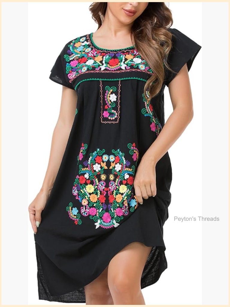 Mexican Embroidered Maxi Dress Short Sleeve Boho Floral Summer